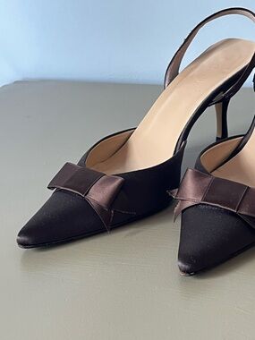 J. Crew Brown Satin Pointed Slingback Heels with Bow